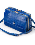 Compact crossbody bag, cobalt croc, side