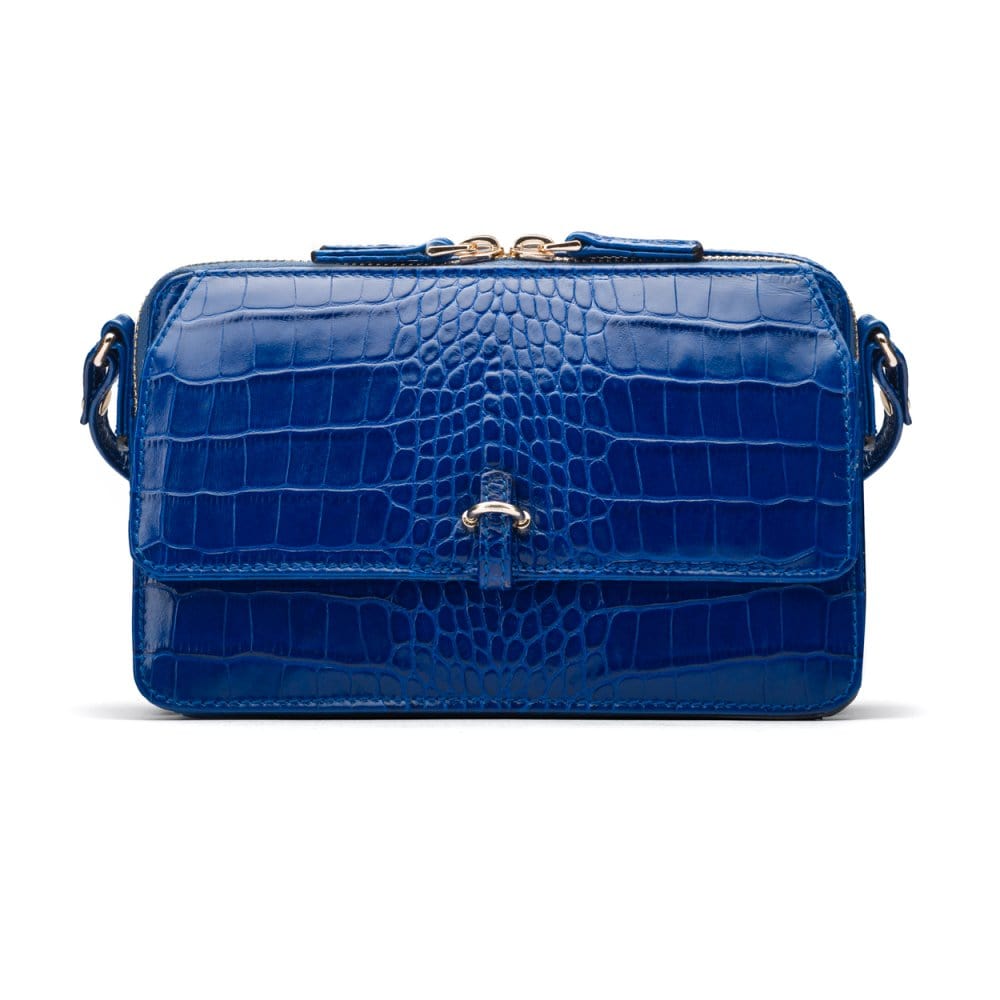 Compact crossbody bag, cobalt croc, front