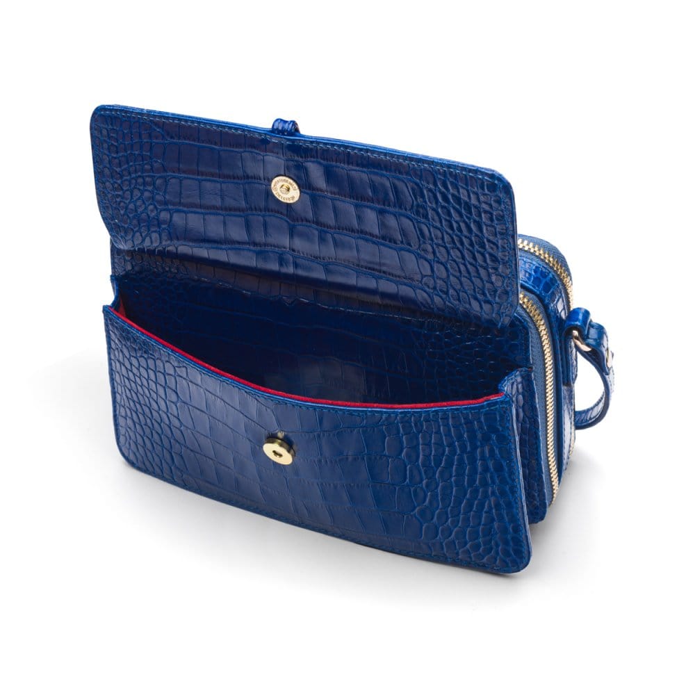 Compact crossbody bag, cobalt croc, front pocket