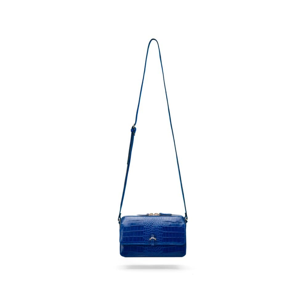 Compact crossbody bag, cobalt croc, shoulder strap