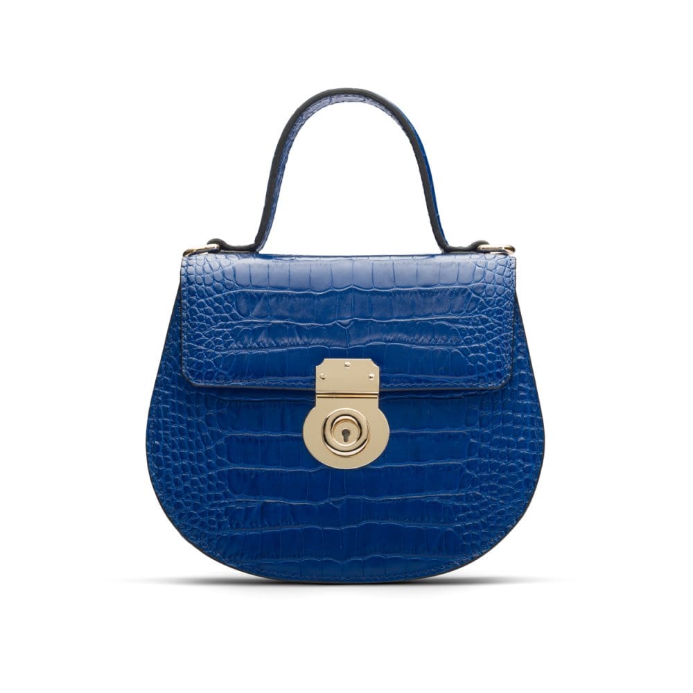 Leather rounded bottom top handle bag, cobalt croc, front