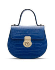 Leather rounded bottom top handle bag, cobalt croc, front