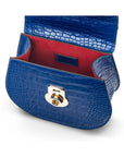 Leather rounded bottom top handle bag, cobalt croc, inside