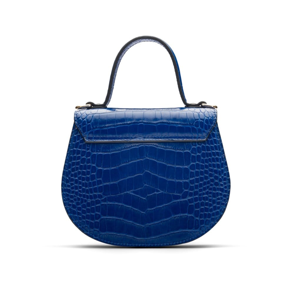 Leather rounded bottom top handle bag, cobalt croc, back