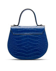 Leather rounded bottom top handle bag, cobalt croc, back