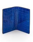 Leather card holder with RFID protection, cobalt croc, open