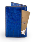 Leather card holder with RFID protection, cobalt croc, back