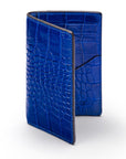 Leather card holder with RFID protection, cobalt croc, front