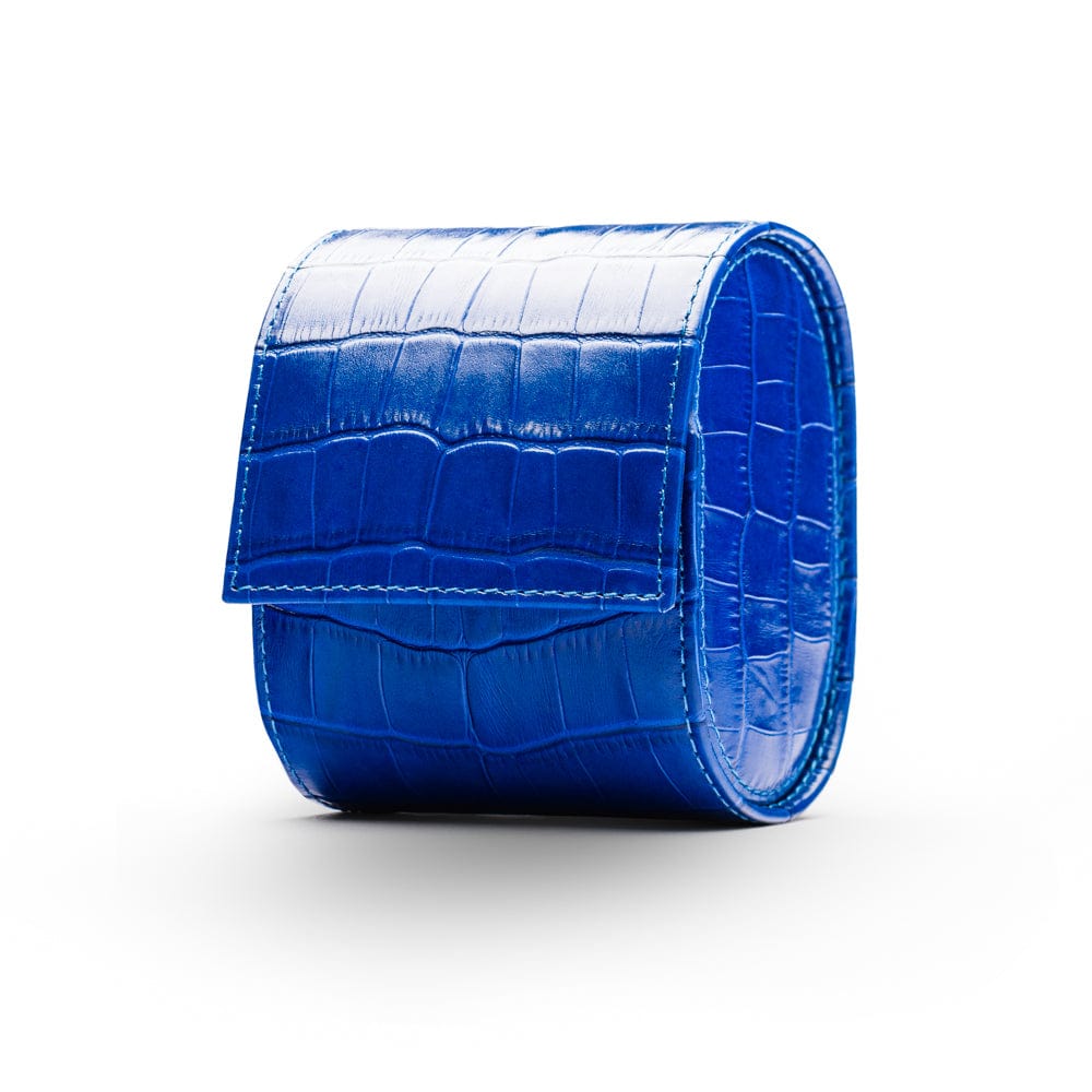 Single watch roll, cobalt croc, front