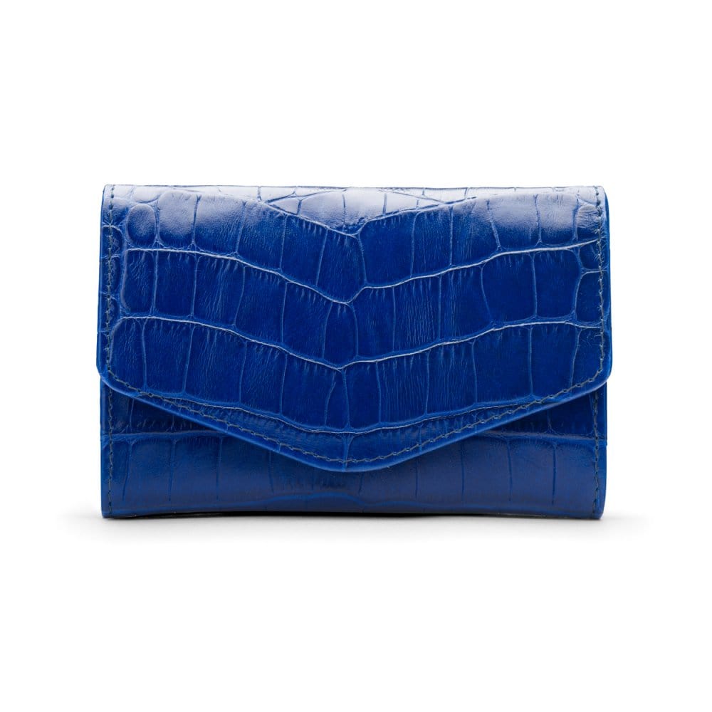 Small leather concertina purse, cobalt croc, front