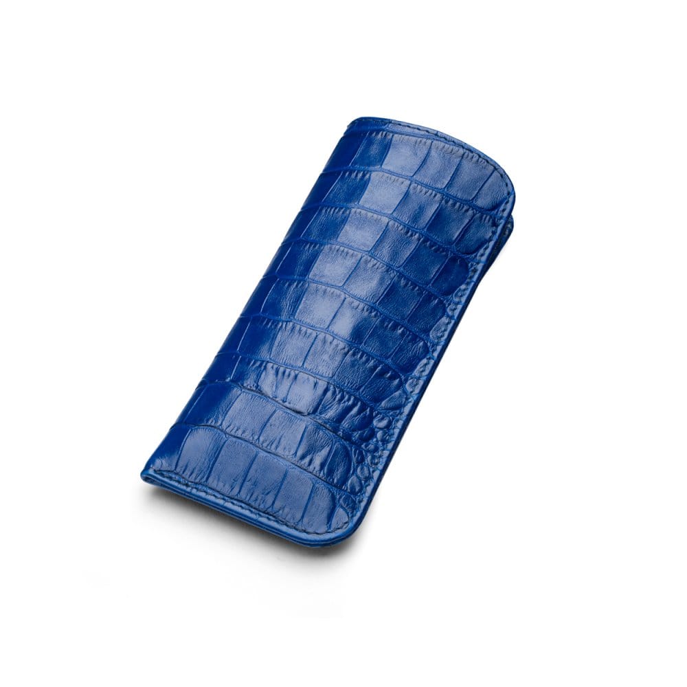 Small leather glasses case, cobalt croc, front