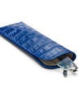 Small leather glasses case, cobalt croc, open