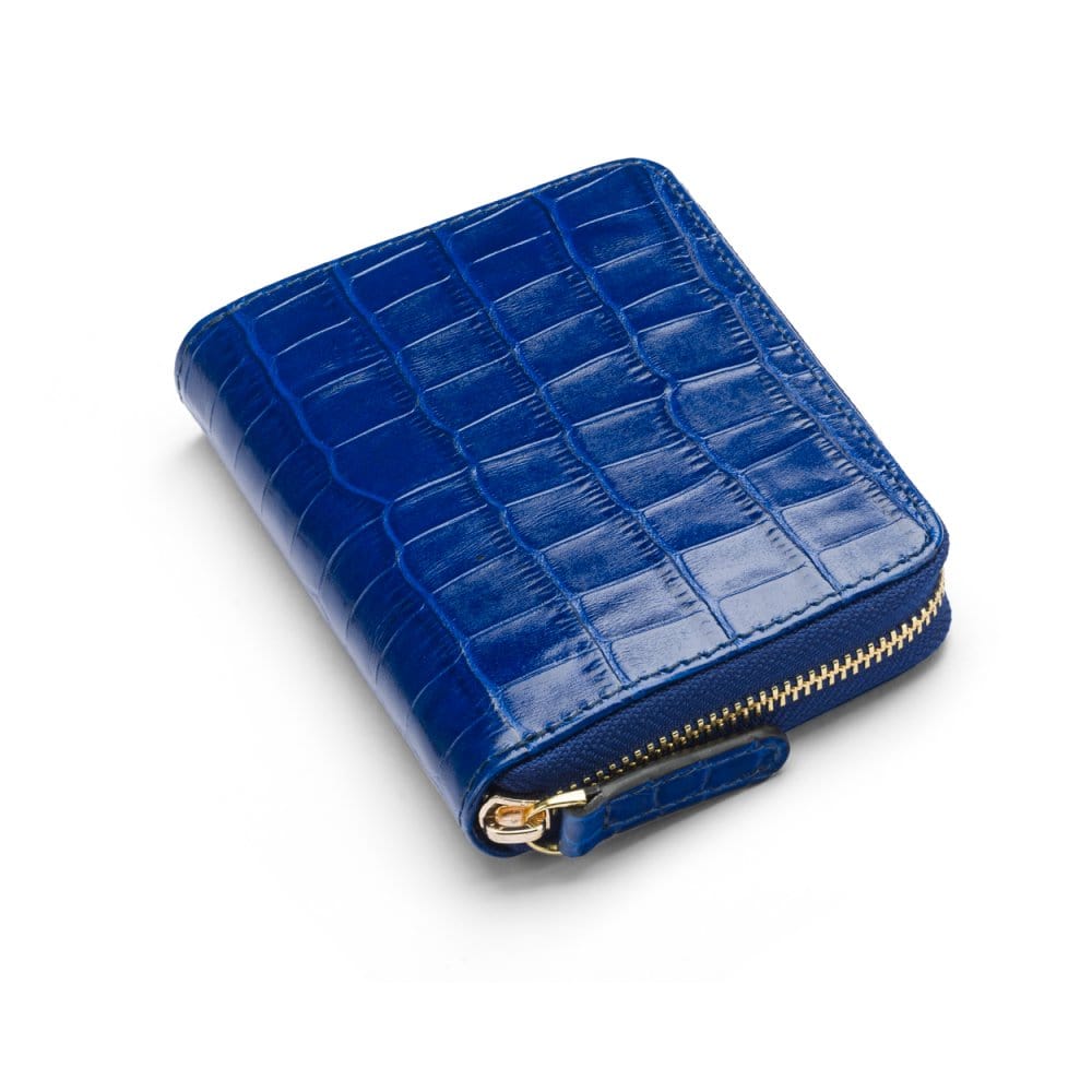 Small leather zip around accordion coin purse, cobalt croc, front