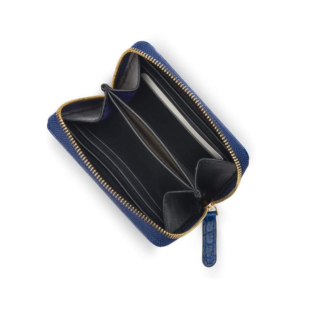 Small leather zip around accordion coin purse, cobalt croc, open