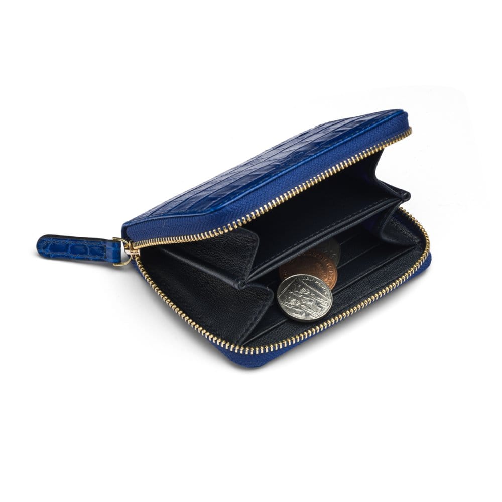 Small leather zip around accordion coin purse, cobalt croc, interior