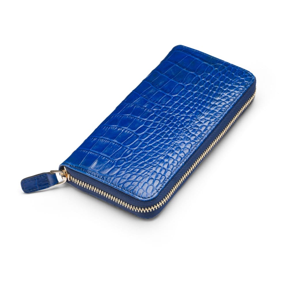 Tall leather zip around accordion purse, cobalt croc, front