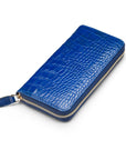 Tall leather zip around accordion purse, cobalt croc, front