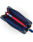 Tall leather zip around accordion purse, cobalt croc, inside