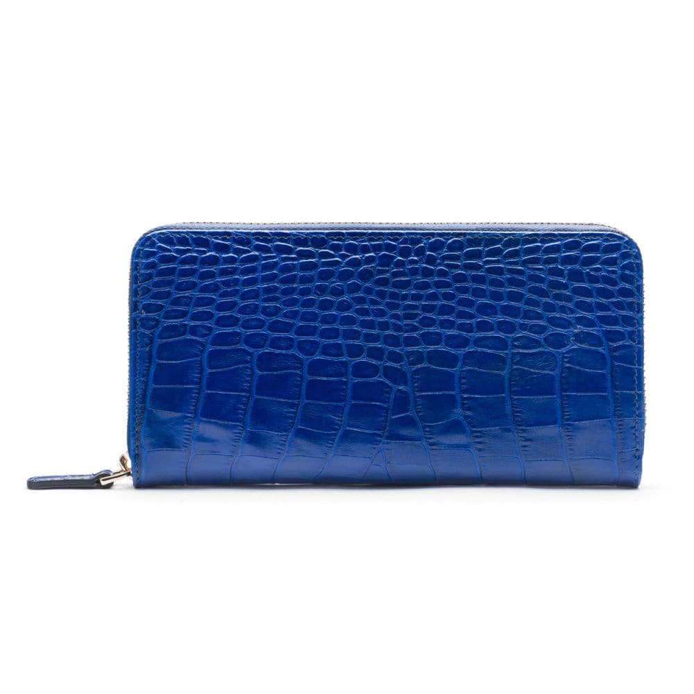 Tall leather zip around accordion purse, cobalt croc