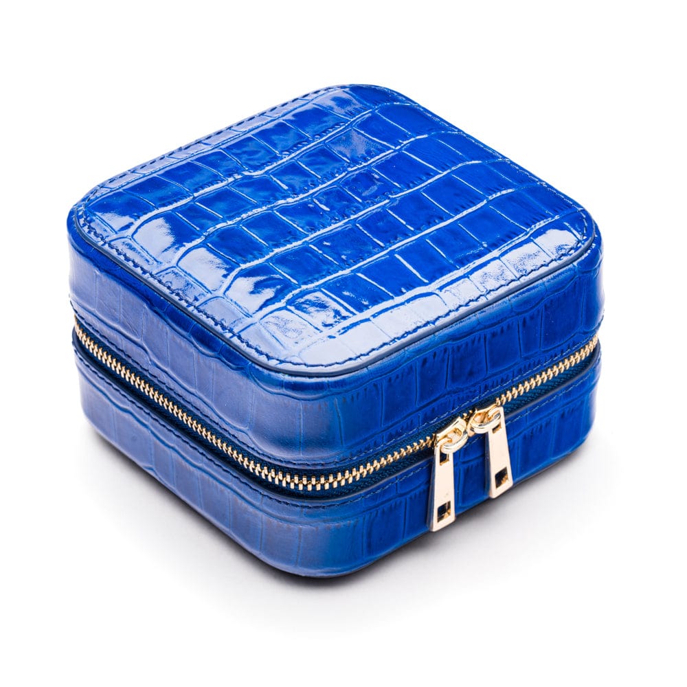 Leather travel jewellery case with zip, cobalt croc, side view