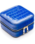 Leather travel jewellery case with zip, cobalt croc, side view