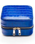 Leather travel jewellery case with zip, cobalt croc, front view