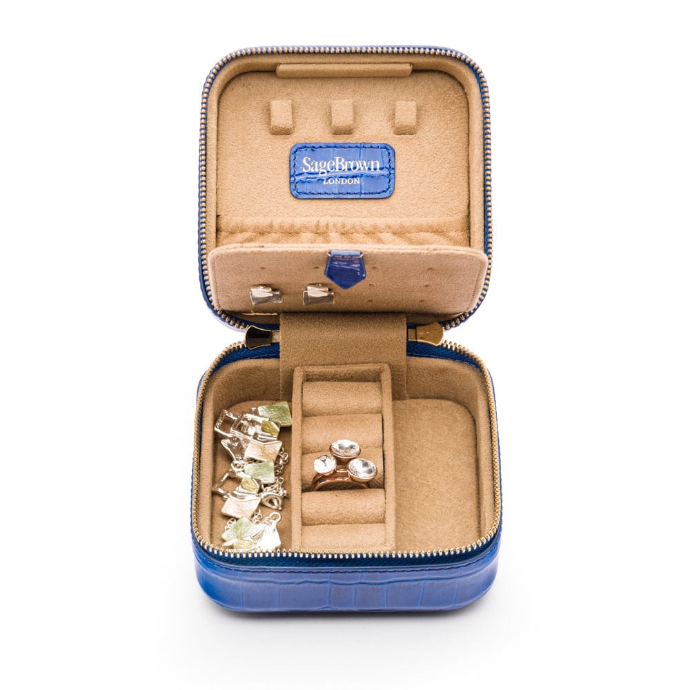 Leather travel jewellery case with zip, cobalt croc, open view