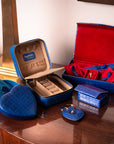 Leather travel jewellery case with zip, cobalt croc, lifestyle