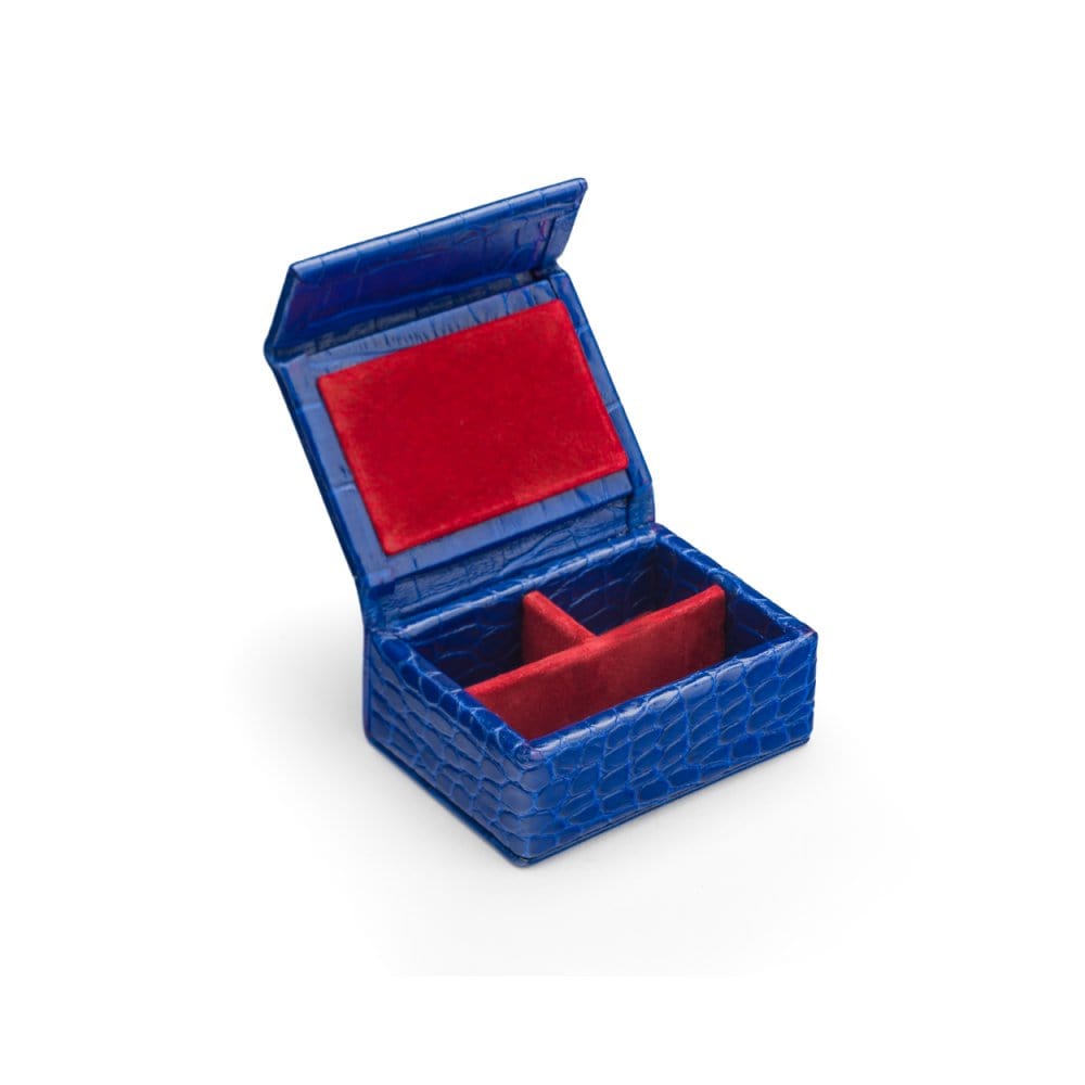 Small leather accessory box, cobalt croc with red, inside
