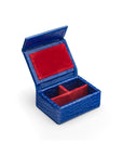 Small leather accessory box, cobalt croc with red, inside