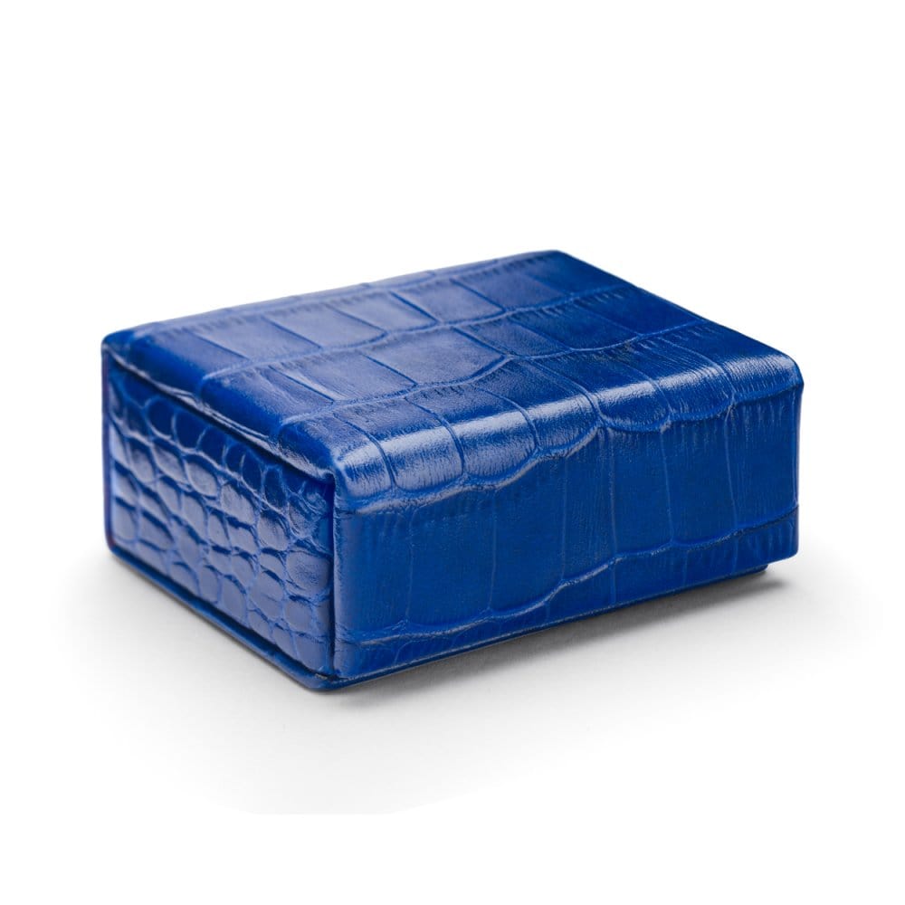 Small leather accessory box, cobalt croc with red, front