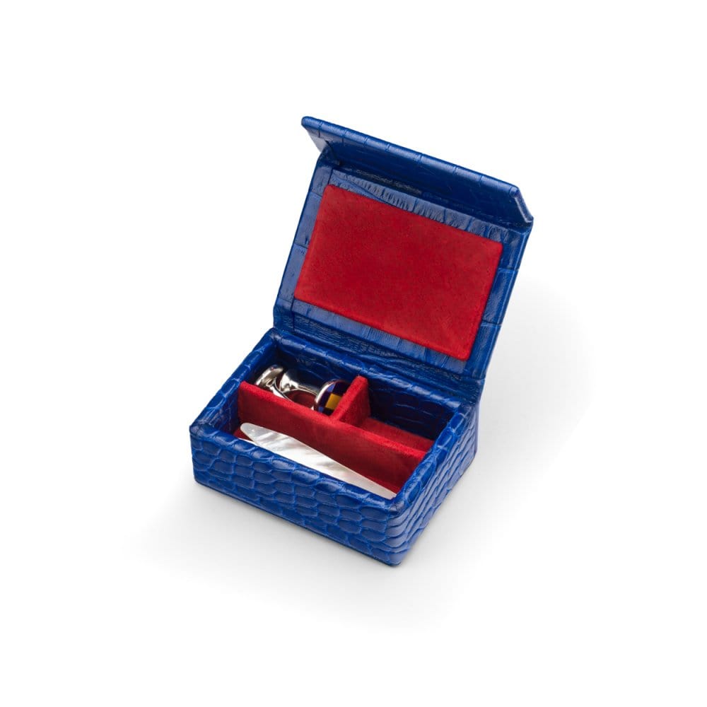 Small leather accessory box, cobalt croc with red, open