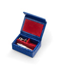 Small leather accessory box, cobalt croc with red, open