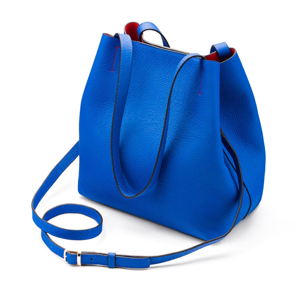 Leather tote bag, cobalt, with shoulder strap