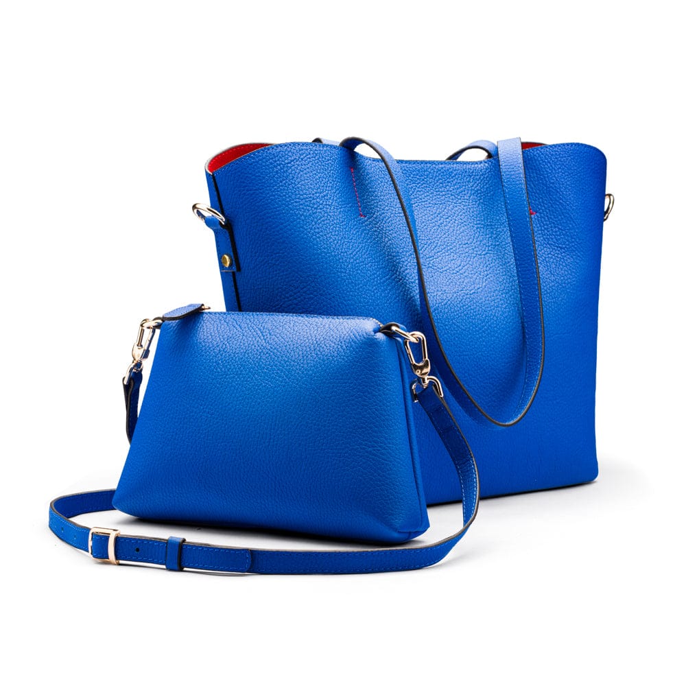 Leather tote bag, cobalt, with inner bag