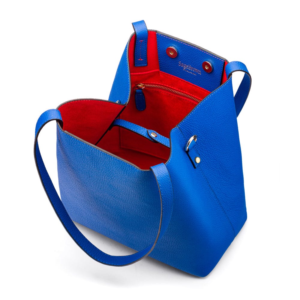 Leather tote bag, cobalt, inside closed