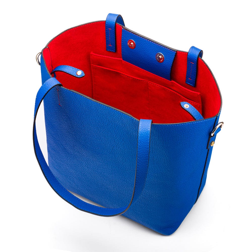 Leather tote bag, cobalt, inside open