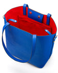 Leather tote bag, cobalt, inside open