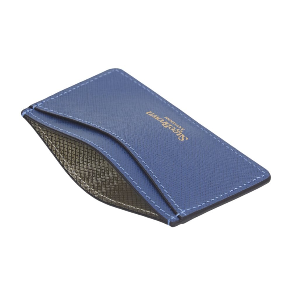 Cobalt Saffiano Flat Leather Credit Card Case With RFID Blocking Lining