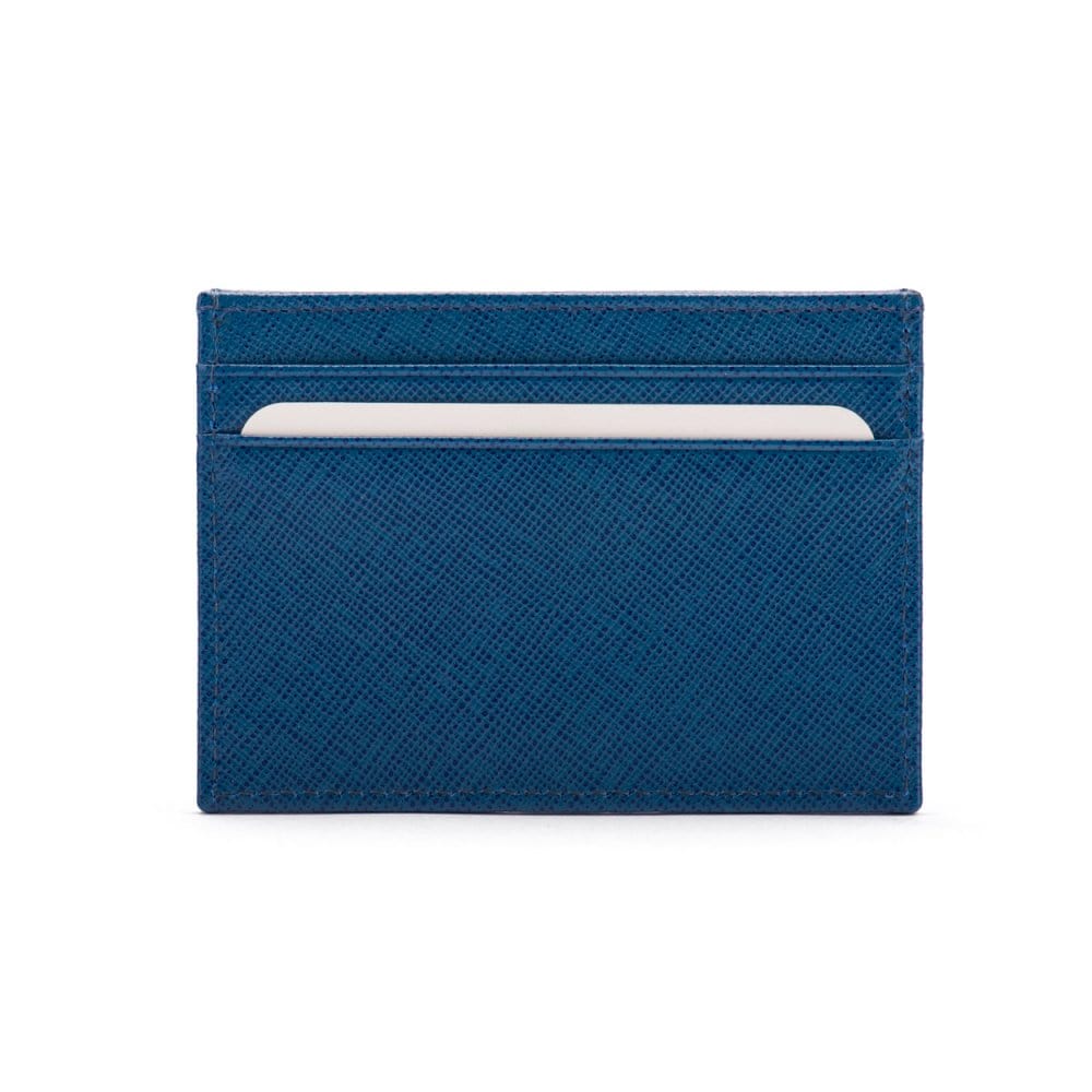 Flat leather credit card wallet 4 CC, cobalt saffiano, front