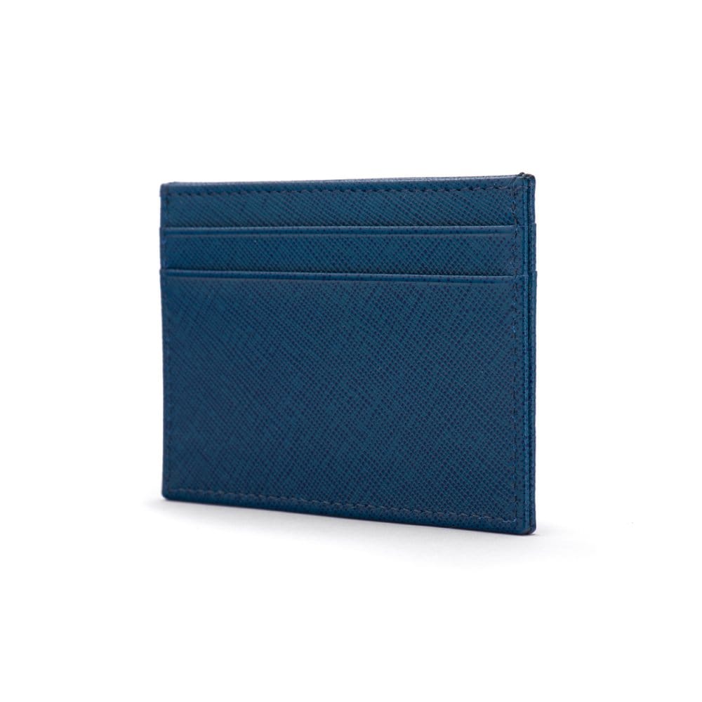Flat leather credit card wallet 4 CC, cobalt saffiano, side