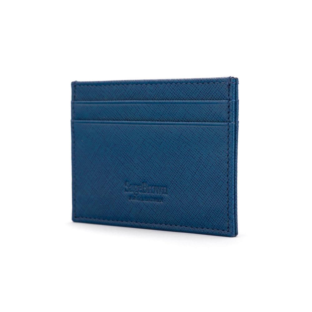 Flat leather credit card wallet 4 CC, cobalt saffiano, back
