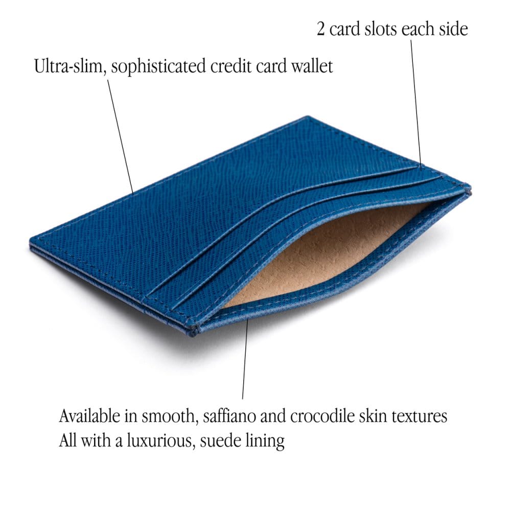 Flat leather credit card wallet 4 CC, cobalt saffiano, features