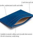 Flat leather credit card wallet 4 CC, cobalt saffiano, features