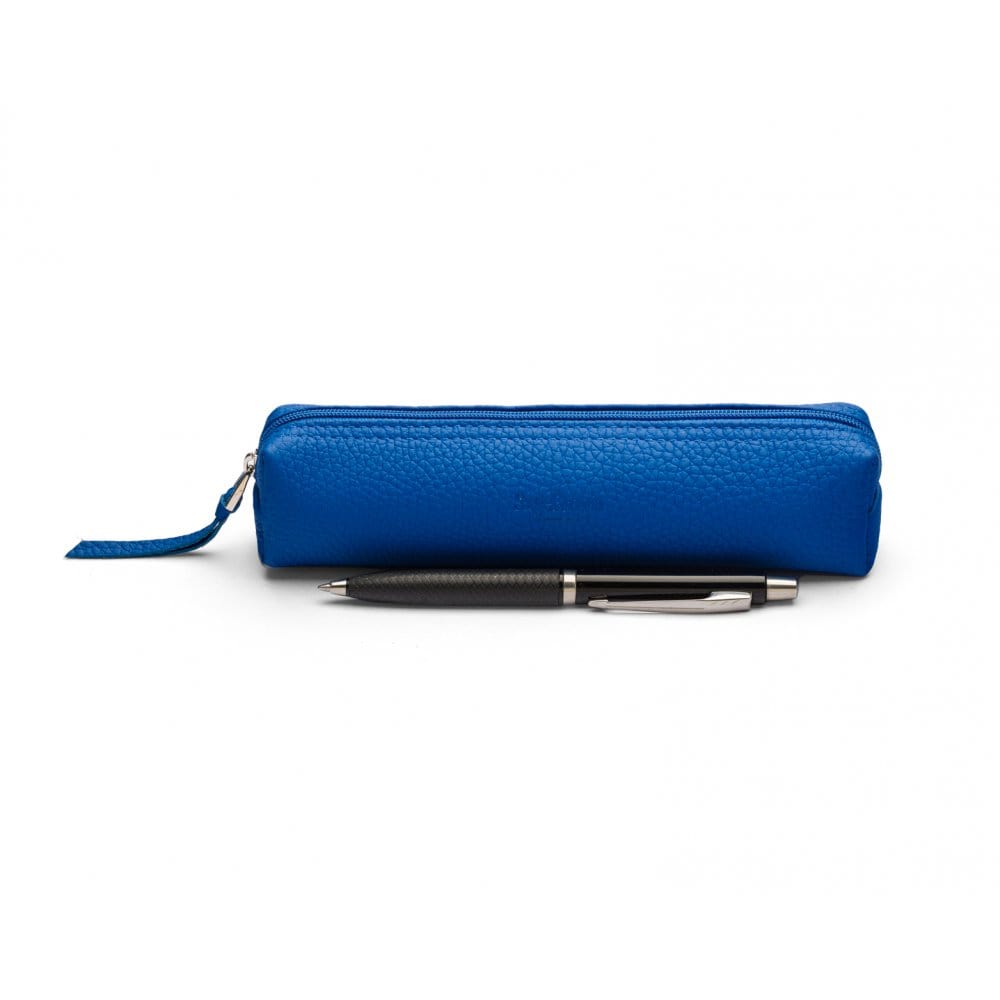 Londo Top Grain Leather Pen Case with Zipper Closure Pencil Pouch Blue