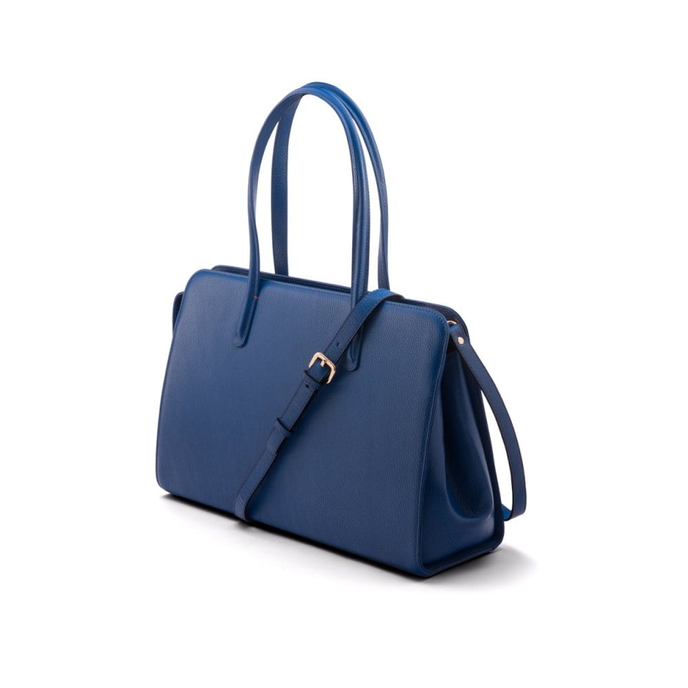Ladies' leather 15" laptop handbag, cobalt, with shoulder strap