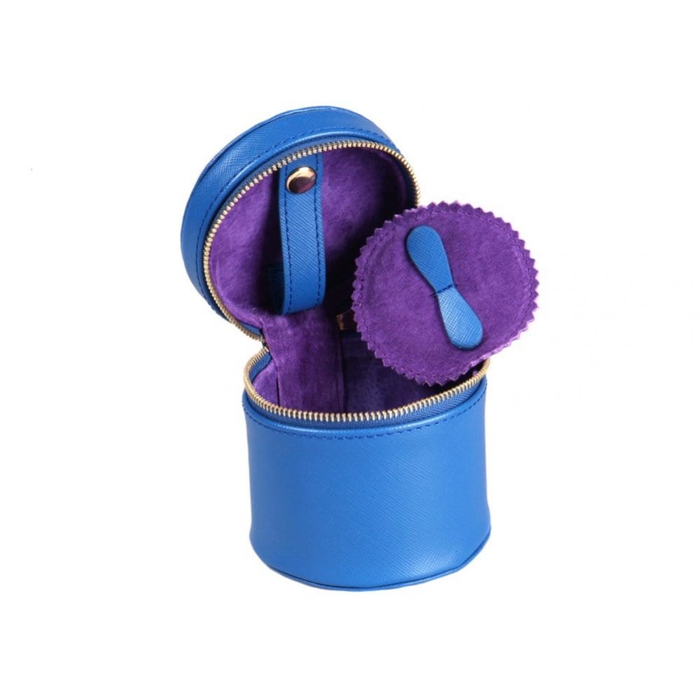 Leather cylindrical jewellery case, cobalt, inside