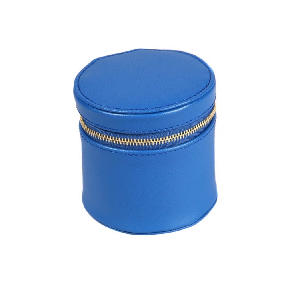 Leather cylindrical jewellery case, cobalt, front