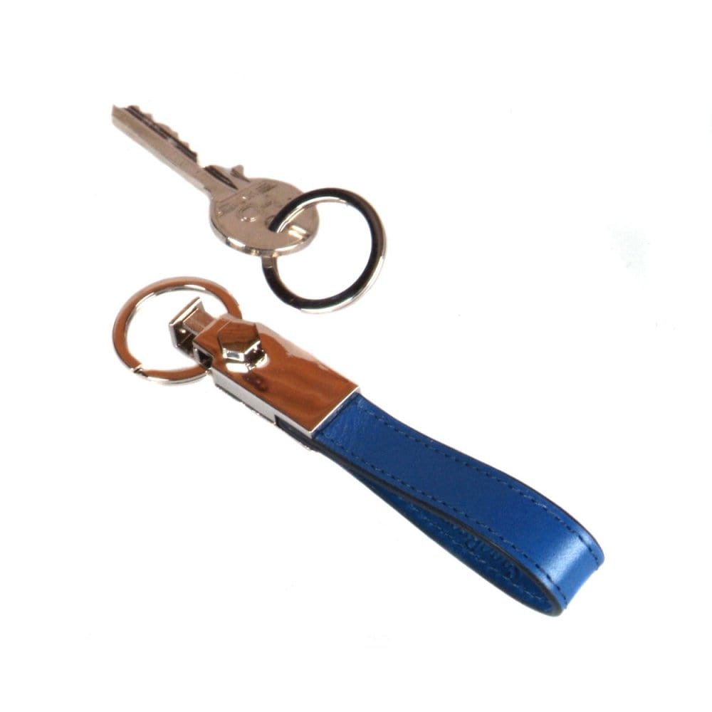 Leather detachable key ring, cobalt