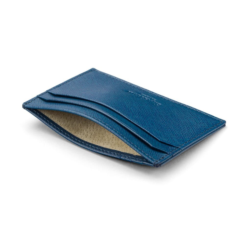 Flat leather credit card holder with middle pocket, 5 CC slots, cobalt saffiano, inside